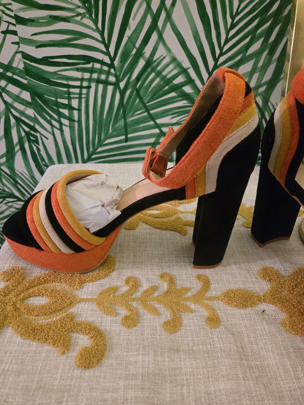Unique Vintage Multicolor Strappy Platform Heels - Orange/Yellow/Black/Cream